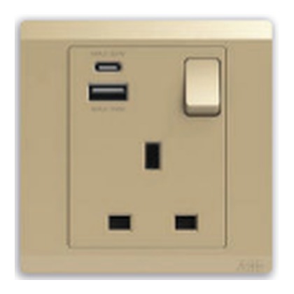 ABB Inora BL247-PG 1 Gang 13A Switched Socket DP with USB Type A+C (Royal Gold)